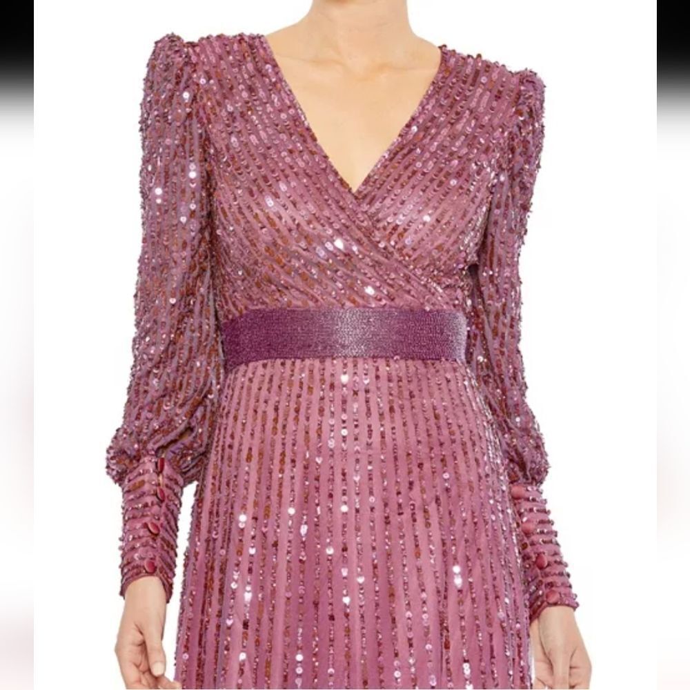 Mac Duggal Size 14 Mauve Sequined Wrap Over Bishop Sleeve Gown, NEW - Picture 2 of 3